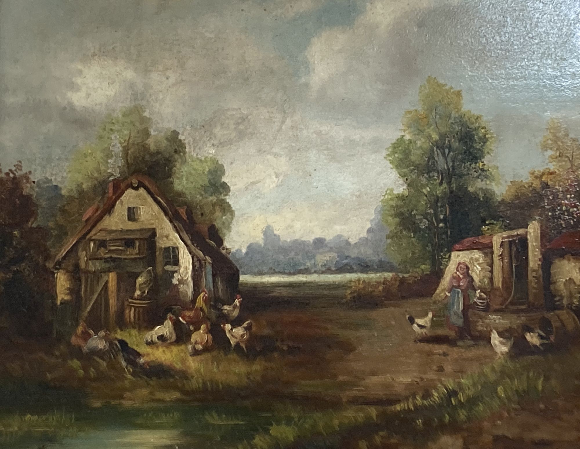 Demeret, oil on board, Farm scene with woman feeding chickens, 28 x 34cm